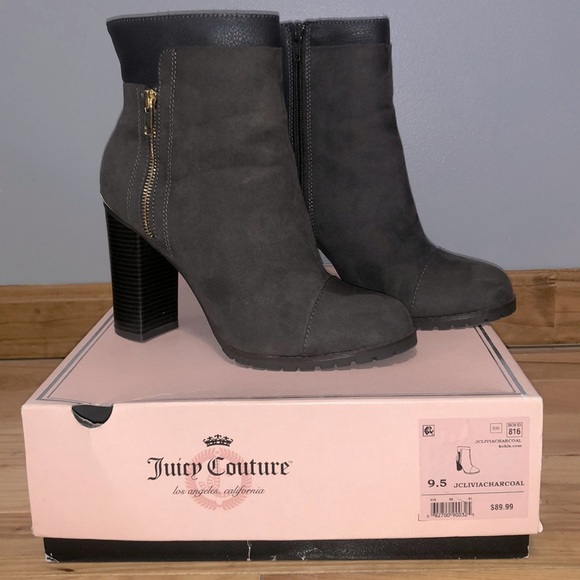 Juicy Couture Shoes - Gray Suede heeled boots with gold accents Women’s size 9 1/2